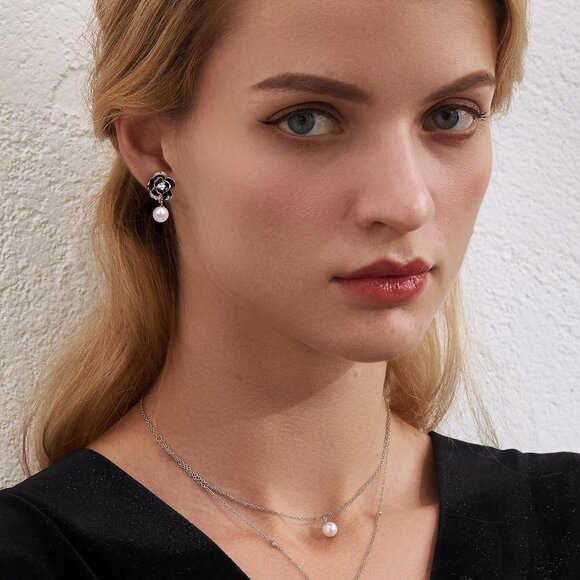 Women's Dainty Black Dangle Flower Pearl Cute Unique Beautiful Flower Earring - Picture 2 of 7